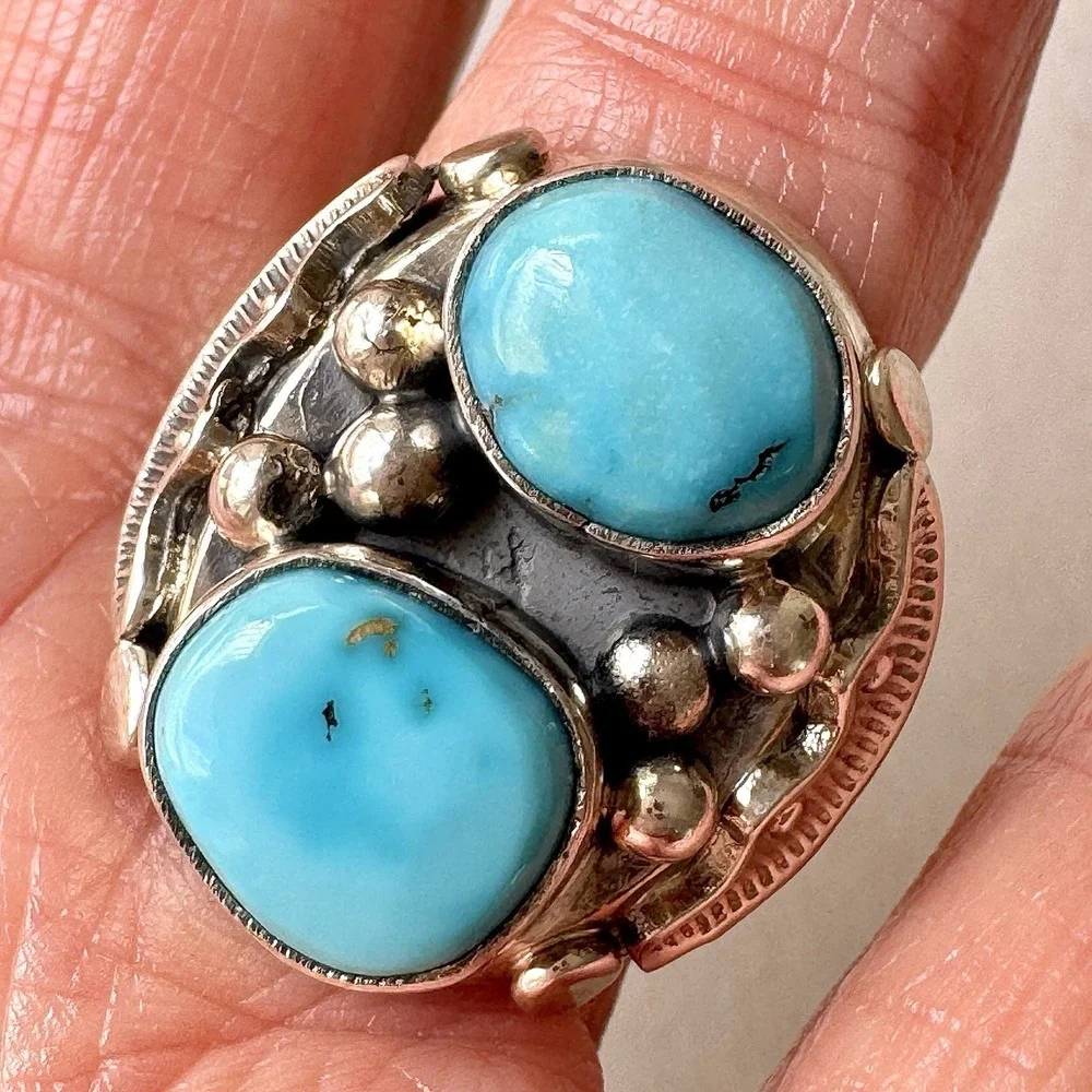 Big Navajo Sonoran Turquoise Ring Sz 14 Mens Sonoran Signed AT Native American